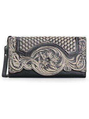 Genuine Leather Vintage Wallet Clutch with Wristlet, Snap Closure & Organizer